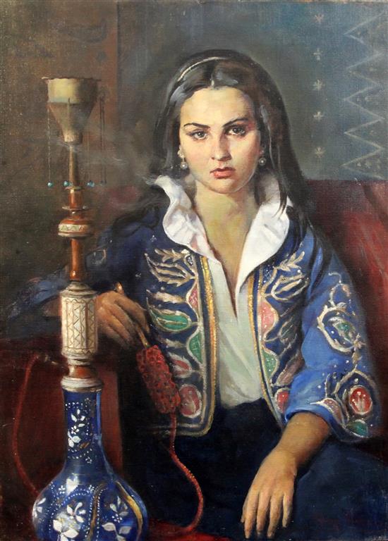 Max Moreau (1902-1992) Turkish woman smoking a huqqa pipe 32 x 24in.